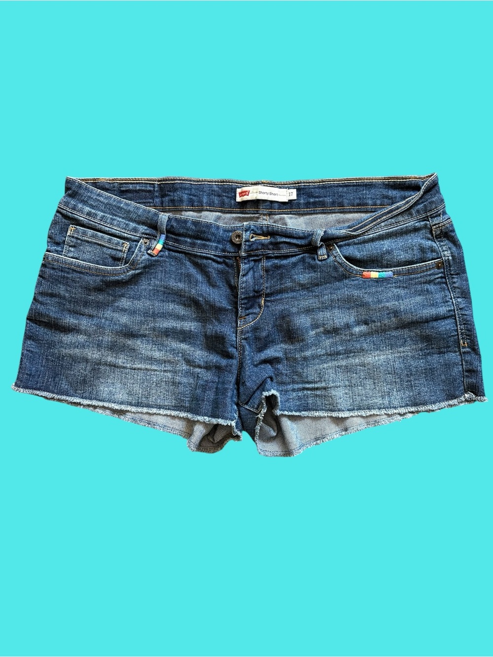 Levi's Women's Dark Blue Denim Cutoff Shorts with Rainbow Detail